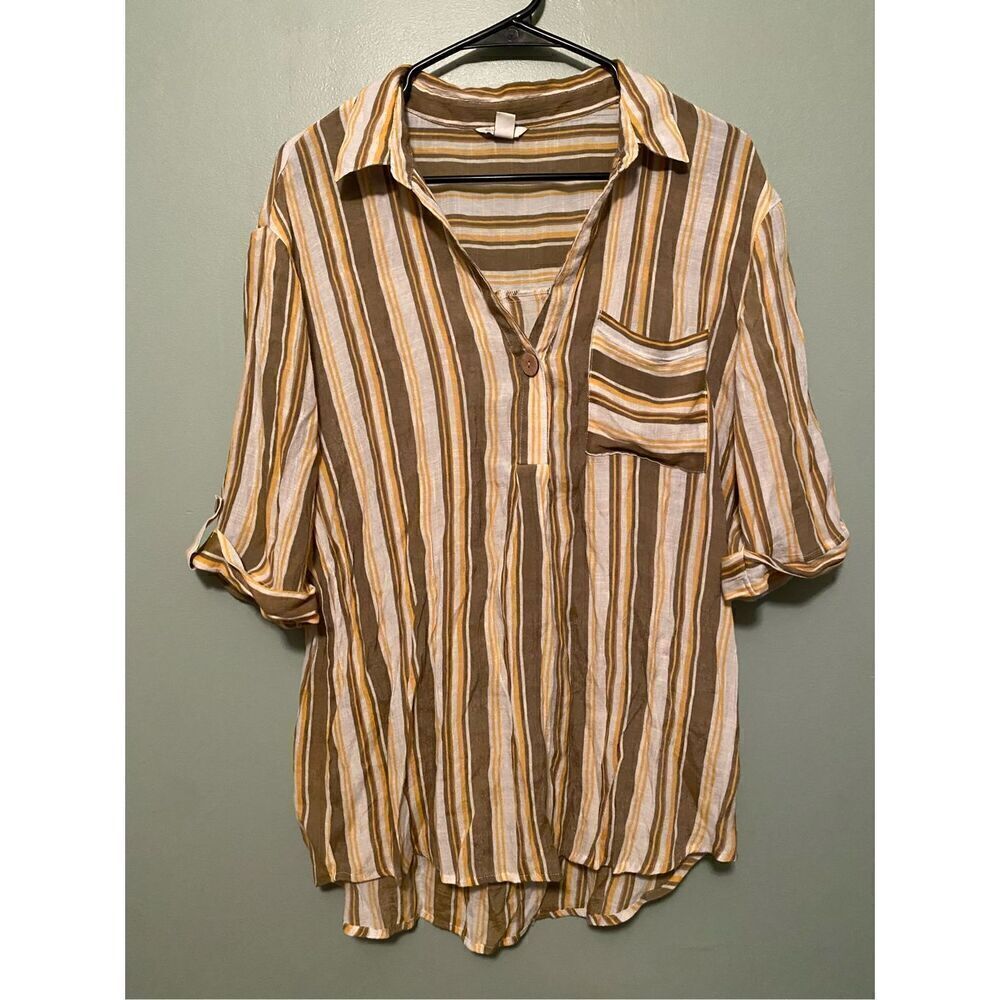 Cato Est. 1946 Womens Multicolor Striped Roll Tab Sleeve Blouse Top Size L